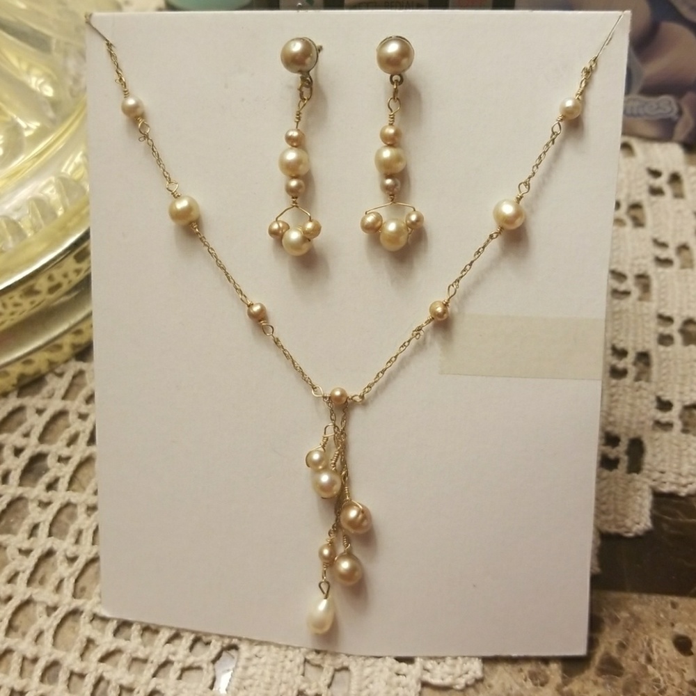 👉SALE👈 Gold Pearl Necklace Set